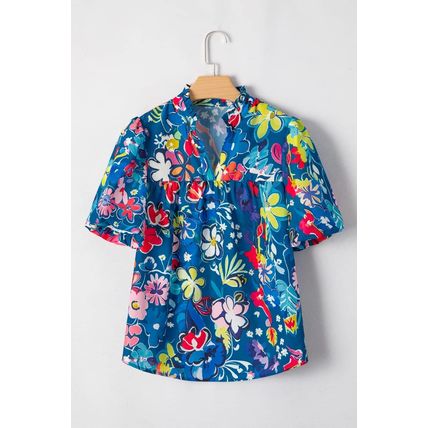 Blue Flower Print Collared V Neck Puff Short Sleeve Loose Blouse