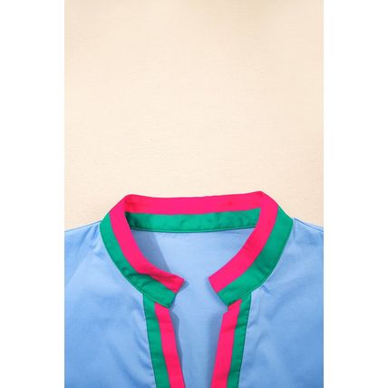 Sky Blue Contrast Striped V Neck Collision Short Puff Sleeve Blouse