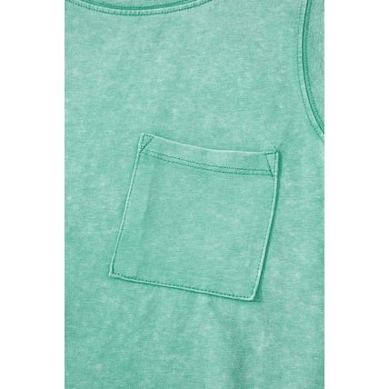 Sea Green Mineral Wash Patched Chest Pocket Casual Tank Top