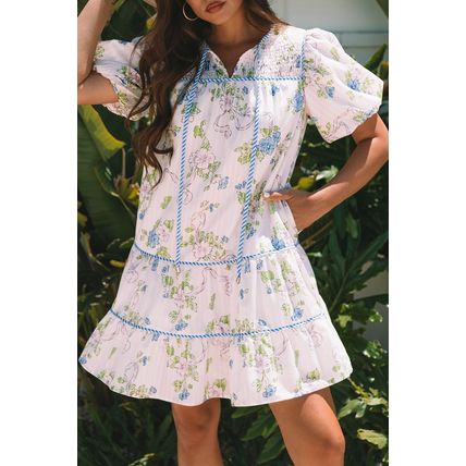 Pink Floral Striped Print Contrast Trim Tie Split Neck Mini Dress