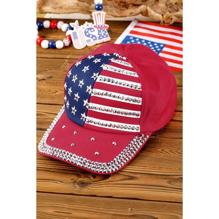 Fiery Red American Flag Rhinestone Decor Baseball Cap
