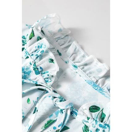 Sky Blue Floral Print Frilled Trim Tie Neck Elastic Cuffs Long Sleeve Blouse