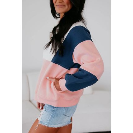 Pink Colorblock Patchwork Half Button Baggy Sweatshirt