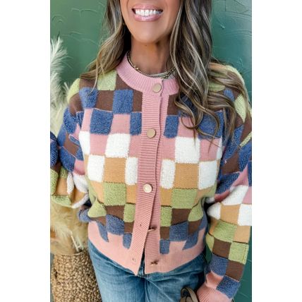 Multicolour Plush Checkered Pattern Button Front Cardigan Sweater