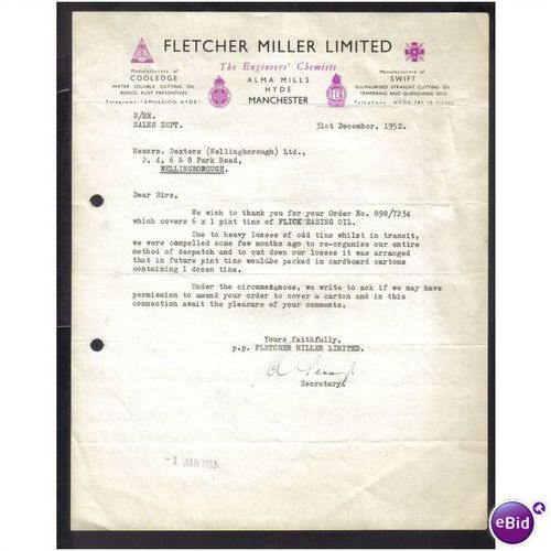 FLETCHER MILLER LTD,ALMA MILLS,HYDE,MANCHESTE R,31DEC1952