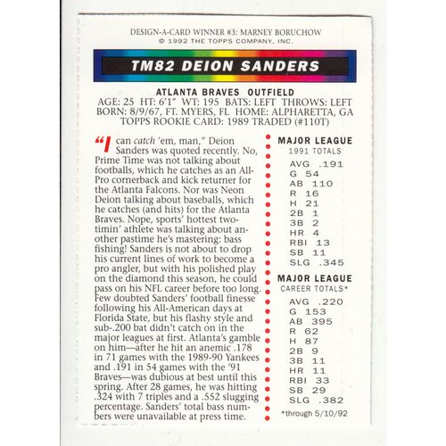 1992 Topps Magazine baseball TM82 Deion Sanders insert card –NM- Braves