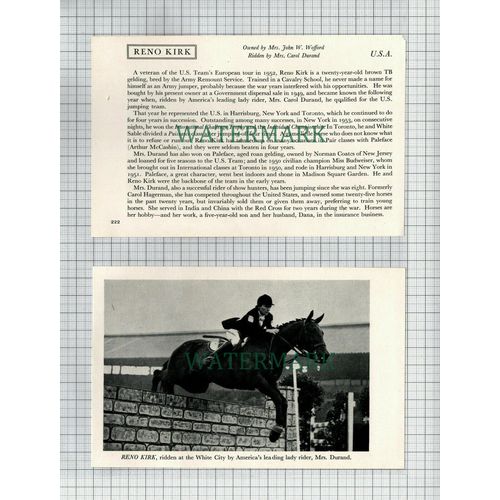 Mrs Carol Durand Horse RENO KIRK America Wofford - 1956 2-Part Clipping / Print