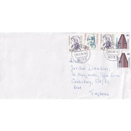 Germany 1989 Planegg to Canterbury UK Cover Planegg Cancel written VGC