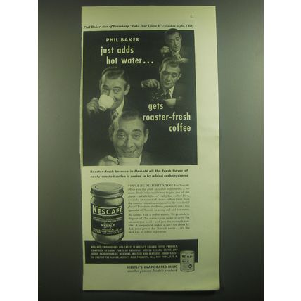 1946 Nescafe Coffee Ad - Phil Baker just adds hot water