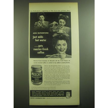 1946 Nescafe Coffee Ad - Ann Rutherford just adds hot water