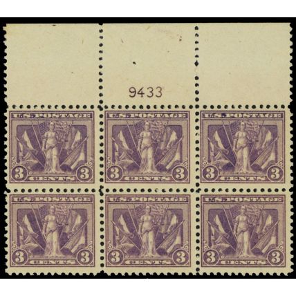 537, Mint VF NH 3¢ Top Plate Block of Six Stamps *** Stuart Katz