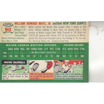 WILLIE MAYS 1954 AUTOGRAPHED NEW YORK GIANTS HOF WORLD CHAMPION MVP OUTFIELDER