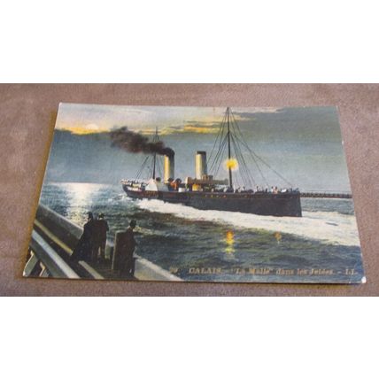 Early Postcard - Calais Mail Boat / Paddle Steamer by moonlight
