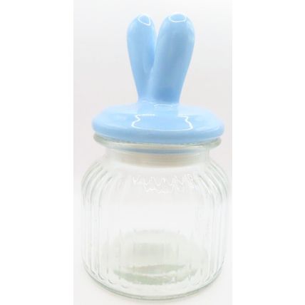 Blue Bunny Jar Wabbit Ears Fluted Glass 19 CM Gift Home Decor Storage Kitchen