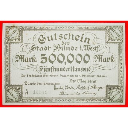 Ⰶ WESTPHALIA: GERMANY BUENDE ★ 500000 MARKS 1923 UNCOMMON! ★LOW START★NO RESERVE
