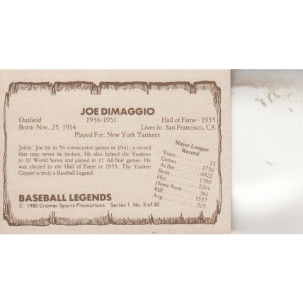 JOE DIMAGGIO AUTO 1980 AUTOGRAPHED NEW YORK YANKEES HOF WORLD CHAMPION OUTFIELD