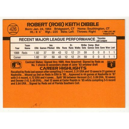 1989 Donruss Rob Dibble rookie baseball card #426 – *denotes