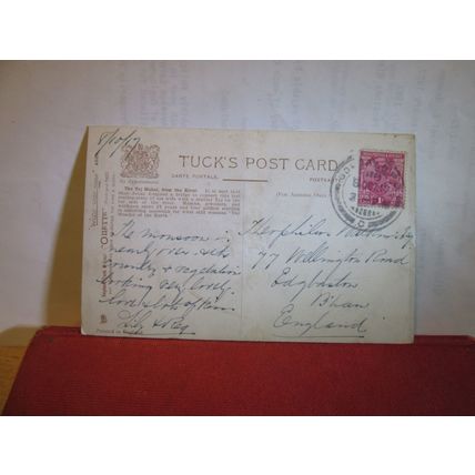 TAJ MAHAL from RIVER AGRA , INDIA used antique postcard Tuck. 'Oilette' 1917 pm=