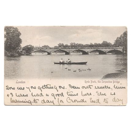Postcard UK England London Hyde Park Serpentine Bridge men in boat posted 1904