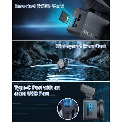 4K Dash Cam Front and Rear, Wifi Dash Cam with 64GB Card, 4K+1080P Dash Camera f