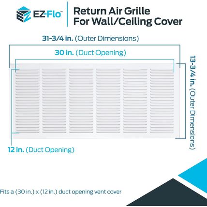 EZ-FLO 30 X 12 Inch White Return Vent Cover for Wall or Ceiling, Solid Steel Gri