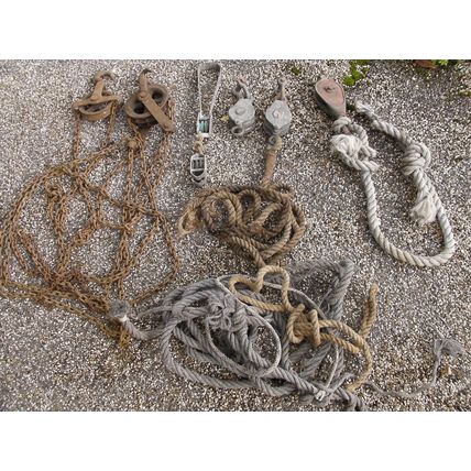 Collection of Large Vintage Metal Pulleys & Chains /Rope decoration hoist winch