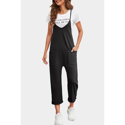Black Pocketed Adjustable Spaghetti Strap Straight Leg Jumpsuit