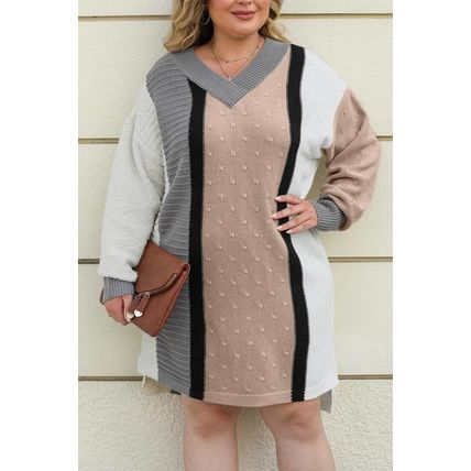 Apricot Mixed Boucl Color Block Plus Size Sweater Dress