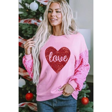 Pink Shiny Heart Shape love Print Sequined Sleeve Sweatshirt