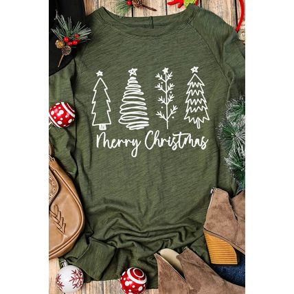 Green Merry Christmas Trees Thumbhole Sleeve Graphic Tee