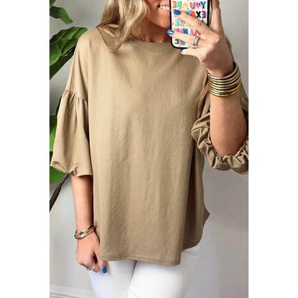Light French Beige Solid Color Lantern Sleeve Drop Shoulder Blouse
