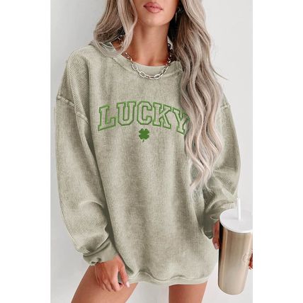 Green LUCKY Clover Embroidered Corded Crewneck Sweatshirt