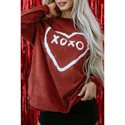 Racing Red XOXO Heart Shape Graphic Corded Sweatshirt