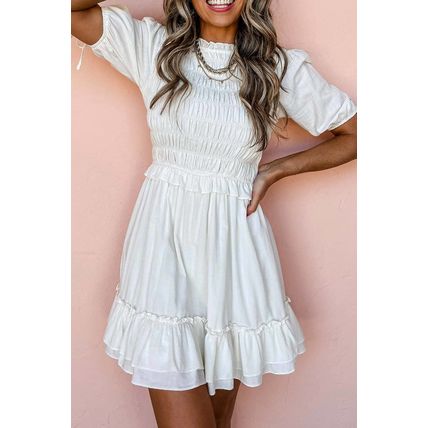 White Tie Short Sleeves Smocked Ruffle Mini Dress