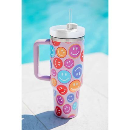 Fiery Red Rainbow Smiley Face Pattern Tumbler with Straw 40oz