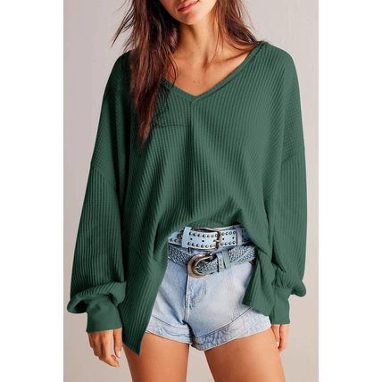 Blackish Green Waffle V Neck Long Sleeve Drop Shoulder Loose Blouse