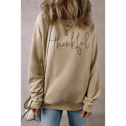 Parchment thankful Embroidered Drop Shoulder Pullover Sweatshirt