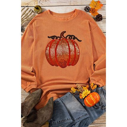 Orange Sequined Pumpkin Ribbed Round Neck Halloween Sweatshirt