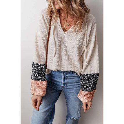 Beige Floral Patchwork Textured Knit Drawstring V Neck Blouse
