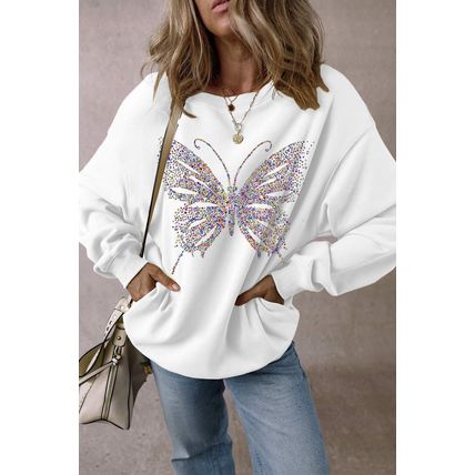 White Rhinestone Butterfly Graphic Crewneck Oversized Sweatshirt