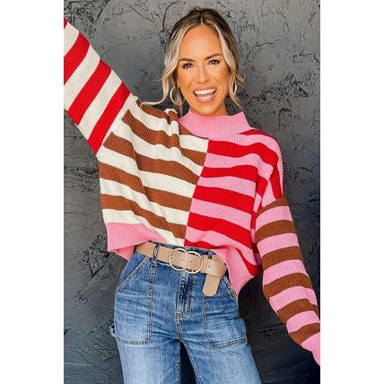 Pink Stripe Color Block High Neck Drop Shoulder Loose Sweater