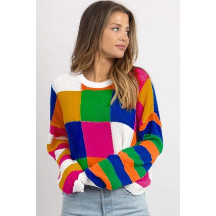 Orange Checkered Color Block Round Neck Loose Sweater