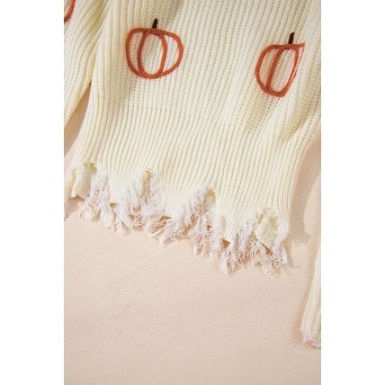 Beige Cable Knit Pumpkin Raw Hem V Neck Loose Sweater