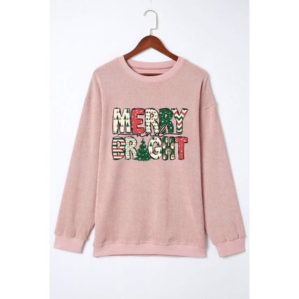 Pink MERRY and BRIGHT Christmas Tree Print Ribbed Sweatshirt