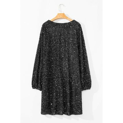 Color black Plus Size Bubble Sleeve V Neck Sequin Dress