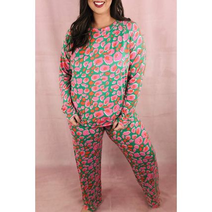 Green Plus Size Printed Long Sleeve and Pants Lounge Set