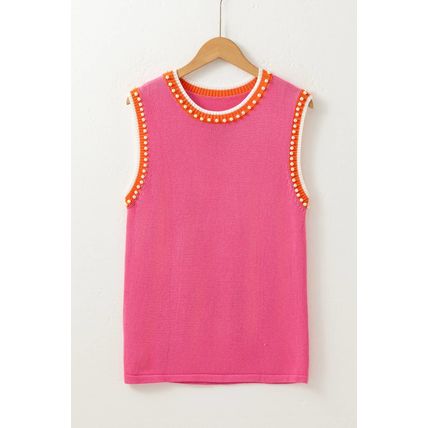 Bright Pink Contrast Trim Pearl Detail Sweater Tank Top