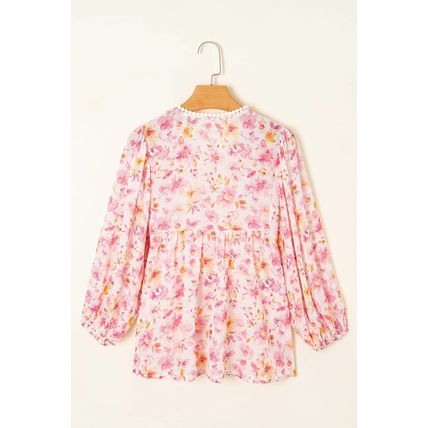 Pink Floral Print Tassel Tie Smocked V Neck Puff Sleeve Tunic Blouse