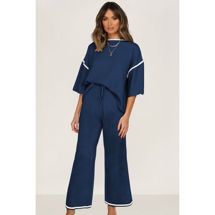 Navy Blue Contrast Trim Half Sleeve Top Drawstring Pants Loose 2pcs Sweater Suit