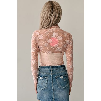 Apricot Pink Sheer Floral Lace Mesh Mock Neck Long Sleeve Top